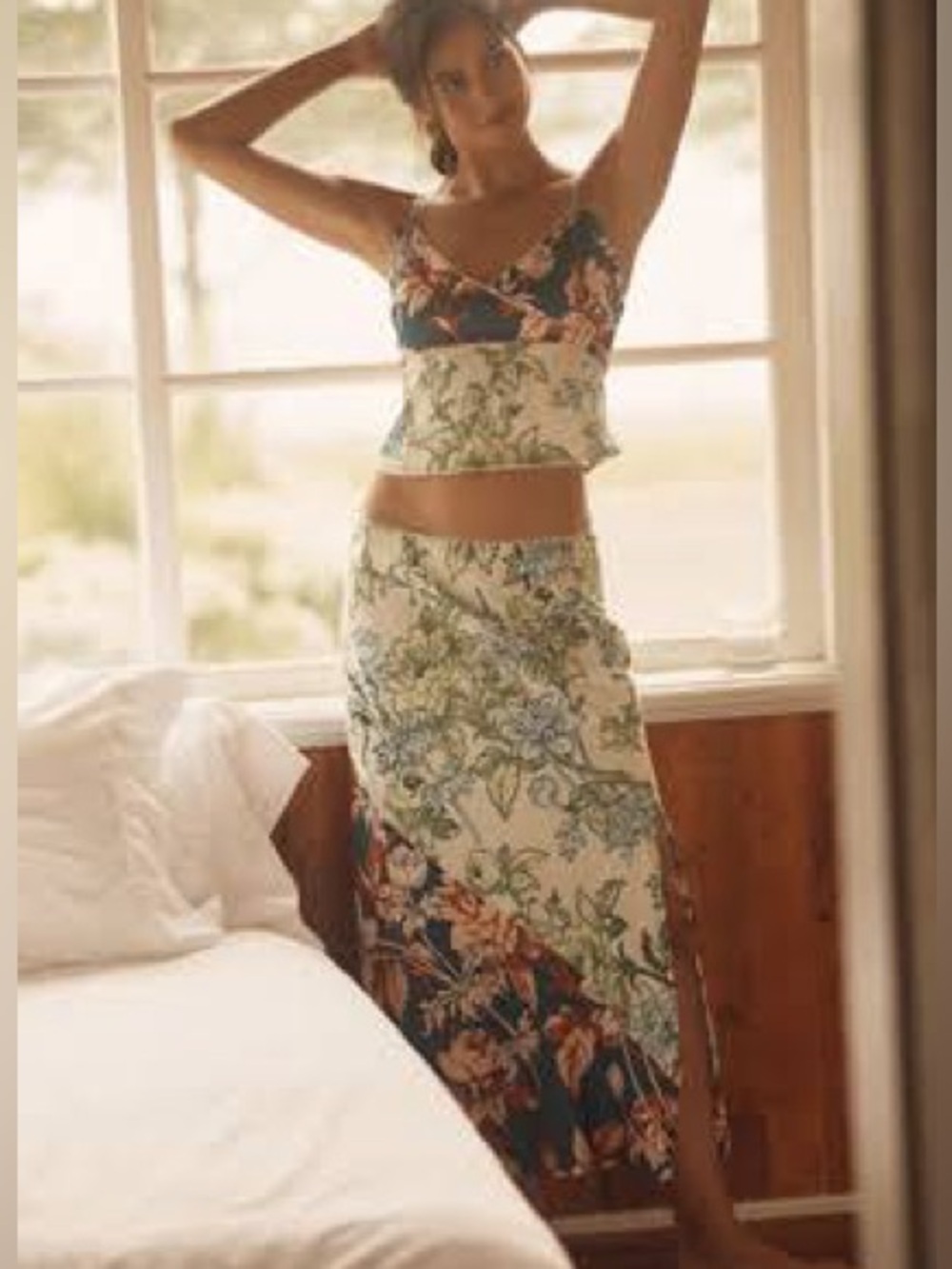 NWT. Anthropologie Cream Maxi Skirt with Green & Coral Floral Panels